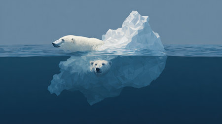 Two polar bears swim gracefully in icy Arctic waters, their reflections visible on the calm surface, capturing the essence of wildlife in a serene environment.の素材