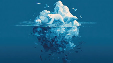 A serene illustration depicting polar bears on an iceberg, showcasing their natural habitat in a stunning blue ocean, with fish swimming underneath.の素材