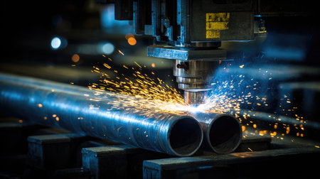 This image captures the dynamic moment of a laser cutting through steel pipes in an industrial workshop, showcasing sparks and precision in the metalworking process.の素材