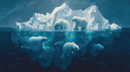 A breathtaking image of polar bears navigating an iceberg in arctic waters, showcasing the beauty and fragility of wildlife in a stunning natural setting.の素材