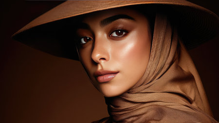 A stunning portrait of a woman elegantly draped in a headscarf and a large hat. The composition highlights her radiant beauty and serene expression, set against a warm brown backdrop.の素材