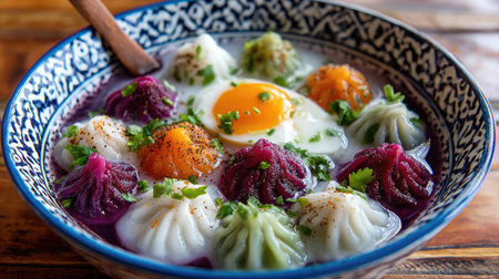 A beautifully presented bowl of colorful dumplings in a rich broth topped with a soft egg yolk. Fresh herbs add vibrancy to this delightful dish.の素材