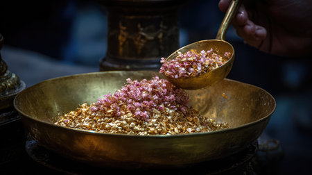 A beautiful scene showcasing a hand delicately holding gold leaf and pink petals on a scale within a warm and rich-templed atmosphere, perfect for highlighting tradition and spirituality.の素材