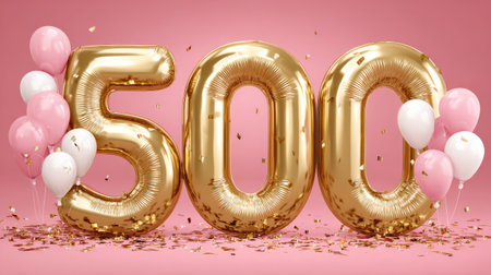 A stunning display of the number 500 in golden balloons, surrounded by pink balloons and shining confetti, perfect for milestone celebrations.の素材