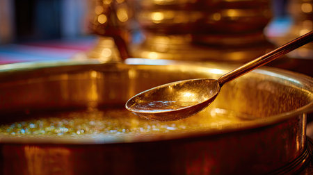 A stunning close-up of a golden serving spoon poised over a shimmering liquid within an ornate bowl, encapsulating a warm and inviting culinary ambiance.の素材