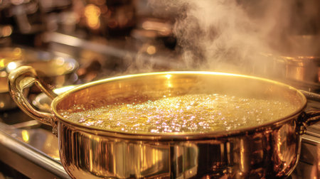 A beautiful golden saucepan bubbling with steam, showcasing an inviting kitchen atmosphere filled with warmth and culinary potential. Perfect for cooking enthusiasts.の素材