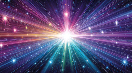 This stunning cosmic image showcases a vibrant explosion of colorful rays emanating from a central light source, filling the deep space with glittering stars.の素材