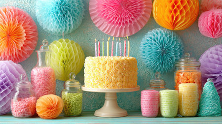A vibrant birthday setup featuring a delightful yellow cake with candles, surrounded by colorful honeycomb decorations and jars of candies.の素材