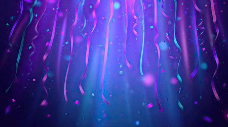Bright and vibrant streamers and confetti fall against a rich purple background, creating a joyful atmosphere perfect for any celebration or party theme.の素材