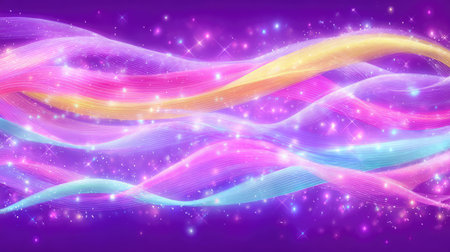 This stunning abstract image features colorful waves flowing seamlessly against a rich purple background, enhanced by sparkles and light effects, creating a magical vibe.の素材