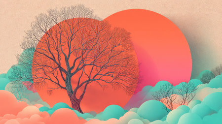 This stunning artwork features a lone tree silhouette surrounded by vibrant clouds and a brilliant sunset, creating a surreal and calming atmosphere.の素材