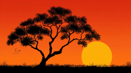 A striking silhouette of a large tree captures the essence of a vibrant orange sunset, with birds flying gracefully in the sky, creating a serene landscape.の素材