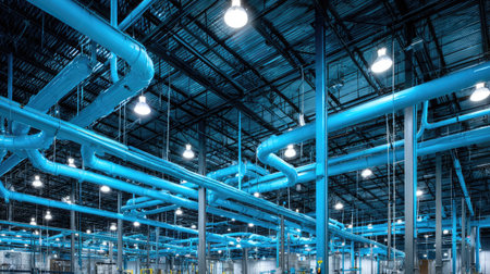 This image showcases a spacious industrial interior featuring vibrant blue pipelines and modern lighting fixtures, highlighting the infrastructure of a warehouse.の素材