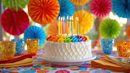 A beautifully decorated birthday cake with colorful frosting and glowing candles, set against vibrant paper fans and a joyful table setting for celebrations.の素材