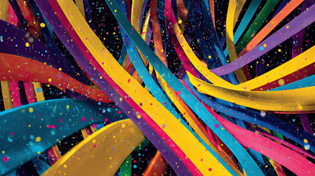 This vibrant abstract artwork features flowing stripes in brilliant colors with splashes of dots, perfect for creative projects and designs that evoke joy and energy.の素材