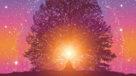 A stunning illustration of a majestic tree silhouette set against a cosmic sky, filled with vibrant colors and stars, creating an enchanting and tranquil atmosphere.の素材