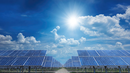 A wide view of a solar panel installation submerged in natural light with the sun shining bright above and clouds scattered across the sky.の素材