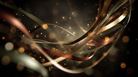 This captivating abstract image features flowing ribbons with sparkling lights against a dark backdrop, evoking elegance and creativity. Perfect for artistic projects.の素材