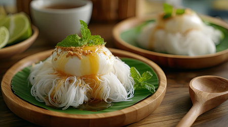 Discover a beautifully presented traditional Asian dessert featuring delicate rice noodles topped with creamy coconut and fresh herbs, highlighting a tropical culinary experience.の素材