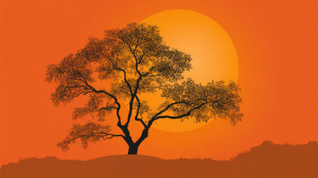 A stunning tree silhouette set against a vibrant orange sunset creates a serene and tranquil atmosphere, perfect for nature-themed visuals or calm backgrounds.の素材