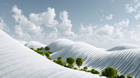 A breathtaking view of soft, rolling white hills adorned with lively green trees under a vibrant sky filled with fluffy clouds, showcasing serene nature.の素材