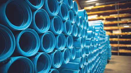 A visually appealing image showcasing neatly arranged blue plastic tubes stacked in a warehouse setting. The organized storage emphasizes industrial materials.の素材