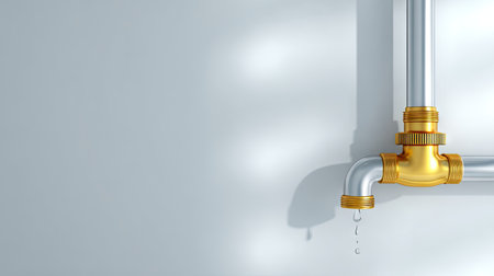 This image showcases a modern plumbing installation featuring shiny metal pipes with elegant golden connectors. A drop of water highlights potential leaks. Perfect for home improvement themes.の素材
