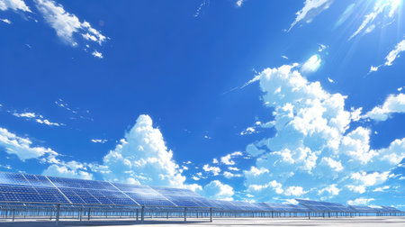 A stunning view of a large solar panel installation beneath a bright blue sky filled with fluffy white clouds. This scene highlights the importance of renewable energy and its role in sustainable development.の素材