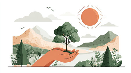 A serene illustration depicting a hand gently holding a small tree against a backdrop of mountains and a bright sun, symbolizing environmental care.の素材
