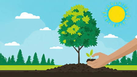 A visually appealing scene showing a hand planting a small seedling in dark soil beside a large tree, surrounded by vibrant greenery and bright sunlight.の素材