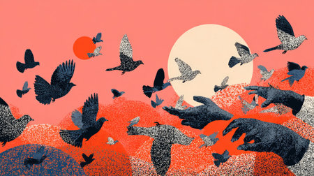 This vibrant abstract artwork features birds in flight, stylized hands, and a striking color palette. It evokes feelings of freedom and creativity.の素材