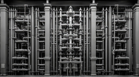 This image showcases a striking monochrome representation of an intricate industrial pipe system. The mechanical structures symbolize modern engineering and urban aesthetics, highlighting the complexity and beauty of industrial design.の素材
