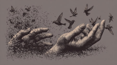 This artistic illustration showcases hands gently releasing birds into the sky, symbolizing freedom and transformation. The intricate design captures emotion and movement, inviting viewers to reflect on the beauty of nature and the power of release.の素材