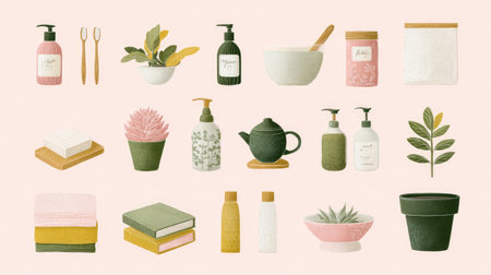 This vibrant illustration showcases a variety of wellness and skincare products arranged harmoniously, set against a soft pink background, ideal for home decor or lifestyle themes.の素材