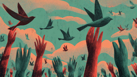 This colorful abstract illustration features hands reaching towards the sky, with birds flying above amidst soft clouds. It symbolizes freedom, hope, and creativity.の素材