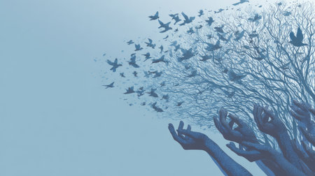 This artwork features hands reaching skyward as they release a flock of birds against a serene blue background, symbolizing freedom and hope.の素材