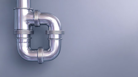 This image showcases a polished silver pipe fitting with a smooth gray background, perfect for themes related to plumbing, industry, and modern design.の素材