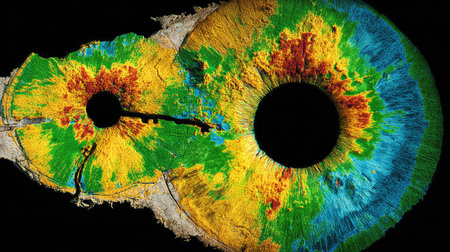 This stunning image showcases a detailed cross-section of a tree trunk, highlighting vibrant growth rings and patterns that reflect the beauty of nature.の素材