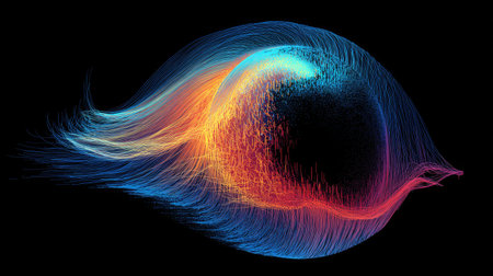 This captivating abstract image features vibrant energy waves in a stunning display of color and movement. The dynamic swirls create an engaging visual experience perfect for artistic or technological themes.の素材