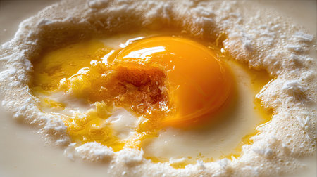 A stunning close-up showcasing a fresh egg yolk surrounded by whipped egg white on a creamy surface, highlighting vibrant colors and textures, perfect for culinary inspiration.の素材