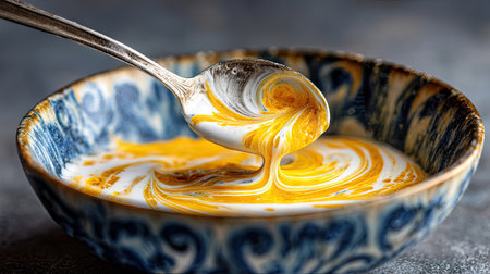 A close-up image capturing creamy swirls of colorful ingredients in an ornate bowl, featuring a silver spoon mixing them together artistically.の素材
