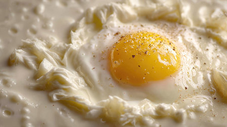 This stunning close-up captures a bright golden egg yolk resting on a creamy white surface, highlighting the exquisite textures and colors of food.の素材