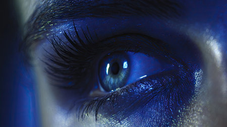 This striking close-up photograph showcases a human eye with vivid blue light reflection, highlighting dramatic eyelashes and unique texture in detail.の素材