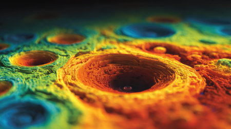 This vibrant abstract image showcases colorful crater patterns and textures, evoking a dynamic and modern representation of planet surfaces and geological features.の素材