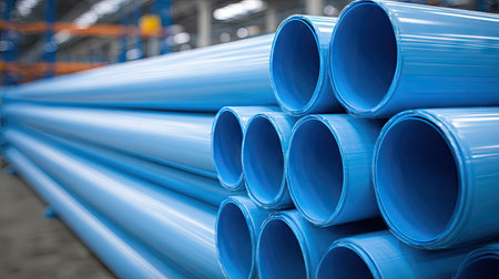 This image features neatly stacked blue plastic pipes in a warehouse setting, showcasing the industrial environment and modern design in bright lighting.の素材