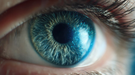This close-up image captures the stunning details of a human eye, highlighting the vibrant colors and intricate patterns within the iris. The macro perspective emphasizes the beauty of natural sight.の素材