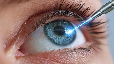 This striking close-up image features a blue eye undergoing a laser treatment process to improve vision. The precision of the procedure highlights advancements in ophthalmology and medical technology, symbolizing hope and clarity.の素材