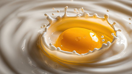 A vibrant image showcasing a fresh egg yolk splashing into a pool of milk, creating an eye-catching effect. The dynamic composition highlights the textures and motion, ideal for culinary themes and fresh ingredient visuals.の素材