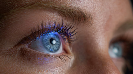 This striking close-up showcases a human eye with a vivid blue iris and long eyelashes. The image highlights the intricate beauty and remarkable details found in the human eye, creating an engaging visual experience.の素材