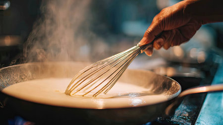 A close-up image of a hand using a whisk to mix creamy sauce in a hot pan. The steam rising adds to the atmosphere of a bustling kitchen preparing a delicious meal.の素材